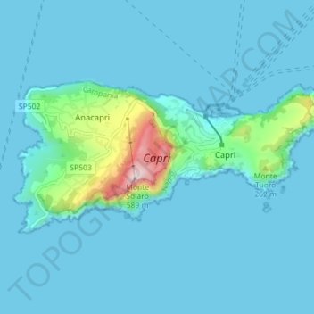 Topografische kaart Capri, hoogte, reliëf