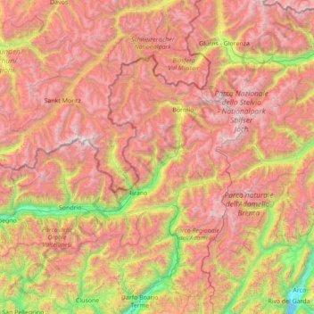 Topografische kaart Valtellina, hoogte, reliëf