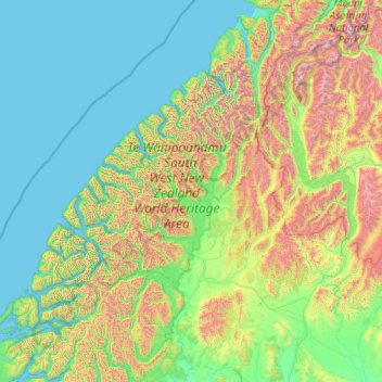 Topografische kaart Fiordland Community, hoogte, reliëf