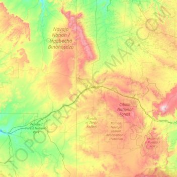 Topografische kaart Eastern Navajo Agency, hoogte, reliëf