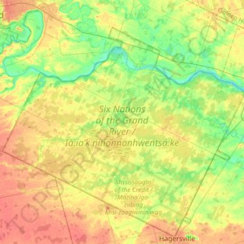 Topografische kaart Six Nations of the Grand River, hoogte, reliëf