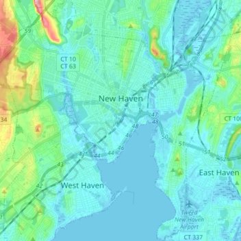 Topografische kaart New Haven, hoogte, reliëf