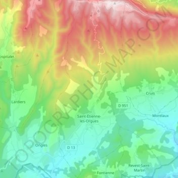 Topografische kaart Saint-Étienne-les-Orgues, hoogte, reliëf