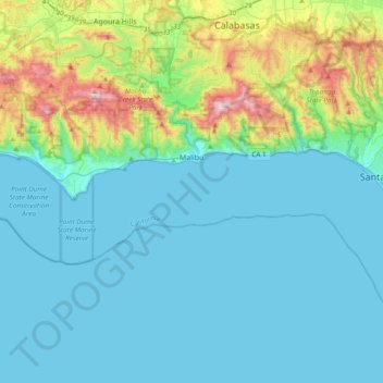 Topografische kaart Malibu, hoogte, reliëf