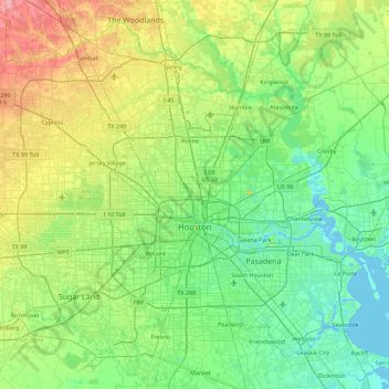 Topografische kaart Houston, hoogte, reliëf
