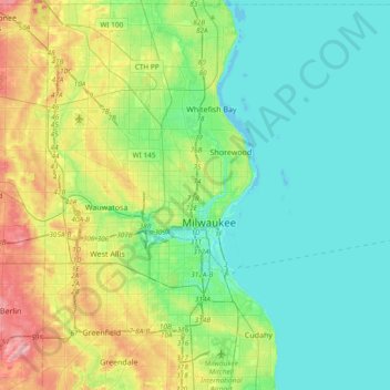 Topografische kaart Milwaukee, hoogte, reliëf