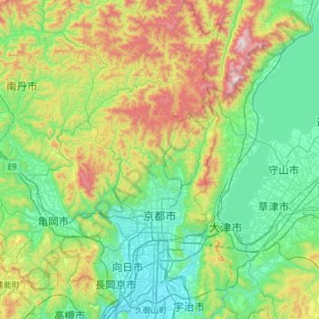 Topografische kaart Kyoto, hoogte, reliëf