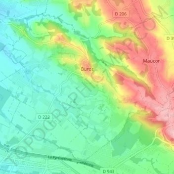 Topografische kaart Buros, hoogte, reliëf