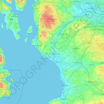 Topografische kaart North Ayrshire, hoogte, reliëf