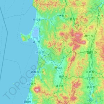Topografische kaart Akita Prefecture, hoogte, reliëf