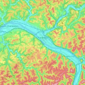 Topografische kaart Charleston, hoogte, reliëf