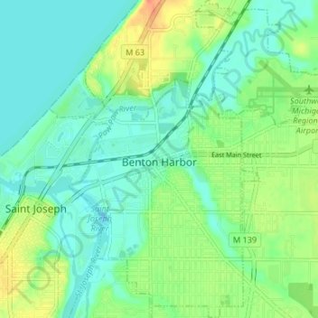 Topografische kaart Benton Harbor, hoogte, reliëf