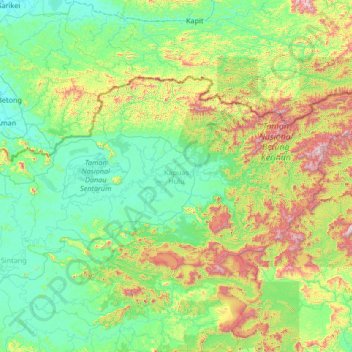 Topografische kaart Kapuas Hulu, hoogte, reliëf