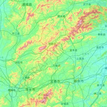 Topografische kaart Yichun, hoogte, reliëf