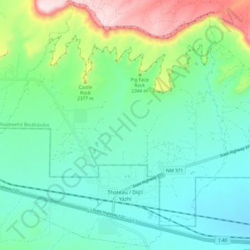 Topografische kaart Thoreau, hoogte, reliëf