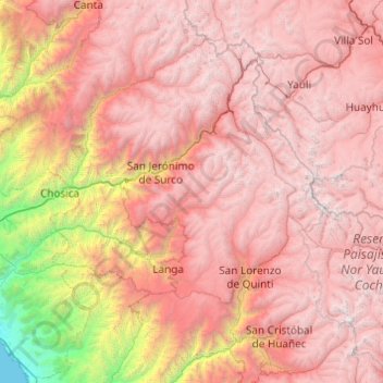 Topografische kaart Huarochirí, hoogte, reliëf