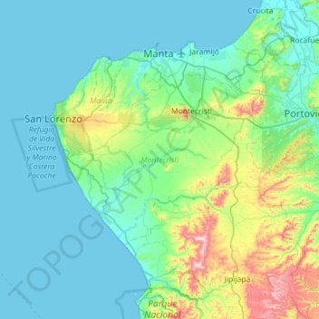 Topografische kaart Montecristi, hoogte, reliëf