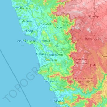 Topografische kaart Goa, hoogte, reliëf