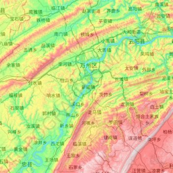 Topografische kaart 万州区, hoogte, reliëf