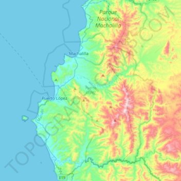 Topografische kaart Puerto López, hoogte, reliëf