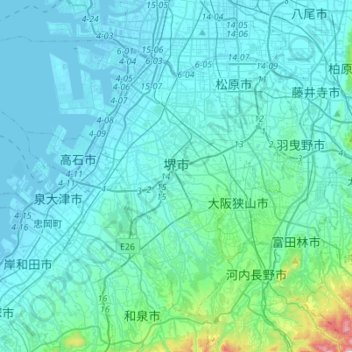 Topografische kaart Sakai, hoogte, reliëf