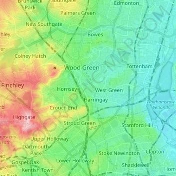 Topografische kaart London Borough of Haringey, hoogte, reliëf