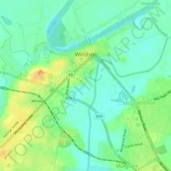 Topografische kaart Windsor, hoogte, reliëf
