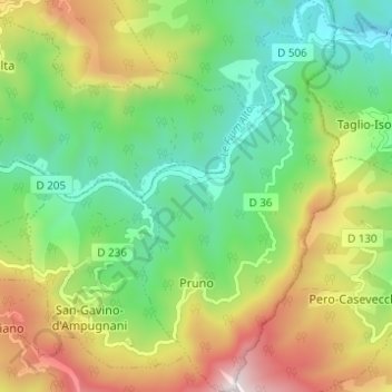 Topografische kaart Pruno, hoogte, reliëf