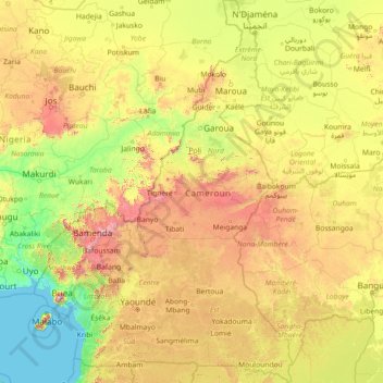 Topografische kaart Kameroen, hoogte, reliëf