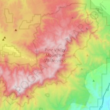 Topografische kaart Pine Valley Mountain Wilderness, hoogte, reliëf