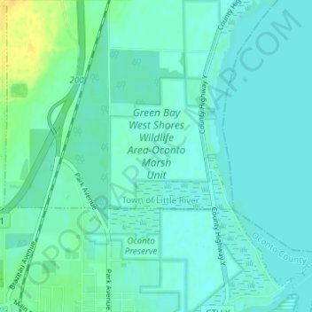 Topografische kaart Green Bay West Shores Wildlife Area-Oconto Marsh Unit, hoogte, reliëf