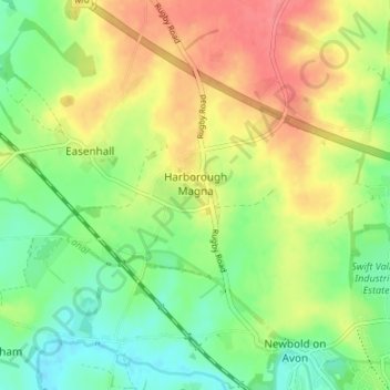 Topografische kaart Harborough Magna CP, hoogte, reliëf