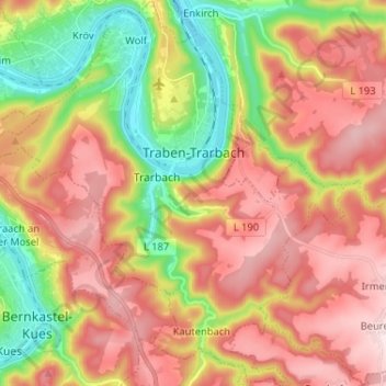 Topografische kaart Traben-Trarbach, hoogte, reliëf