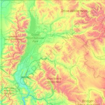 Topografische kaart Jackson Hole, hoogte, reliëf