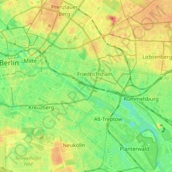 Topografische kaart Friedrichshain-Kreuzberg, hoogte, reliëf