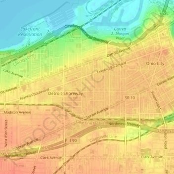 Topografische kaart Detroit - Shoreway, hoogte, reliëf