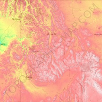 Topografische kaart Idaho, hoogte, reliëf
