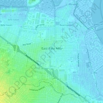 Topografische kaart East Palo Alto, hoogte, reliëf