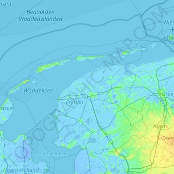 Topografische kaart Nederlandse Waddeneilanden, hoogte, reliëf