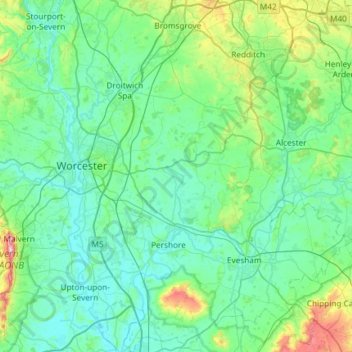 Topografische kaart Wychavon, hoogte, reliëf