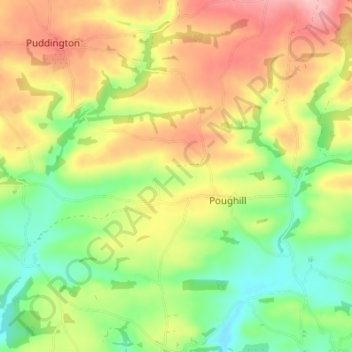 Topografische kaart Poughill, hoogte, reliëf