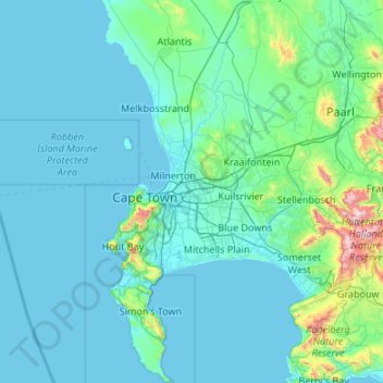 Topografische kaart City of Cape Town, hoogte, reliëf