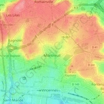 Topografische kaart Montreuil, hoogte, reliëf