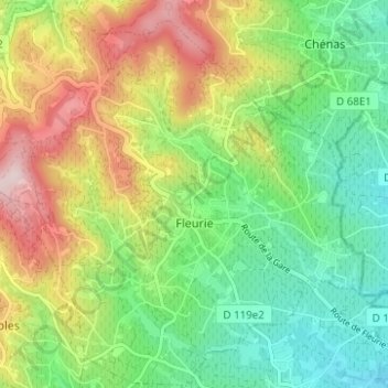 Topografische kaart Fleurie, hoogte, reliëf