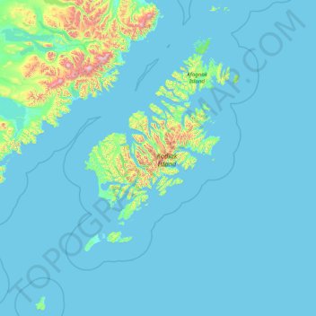 Topografische kaart Kodiak Island, hoogte, reliëf
