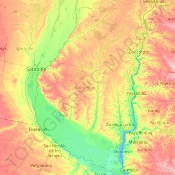 Topografische kaart Entre Ríos, hoogte, reliëf