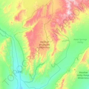 Topografische kaart Delamar Mountains Wilderness Area, hoogte, reliëf