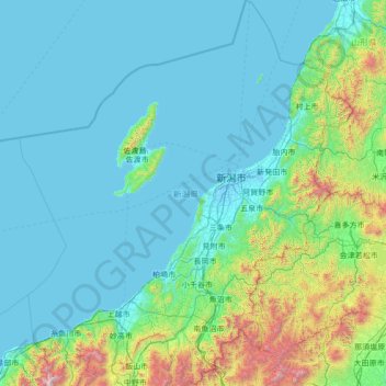 Topografische kaart 新潟県, hoogte, reliëf