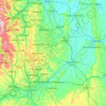 Topografische kaart Nottinghamshire, hoogte, reliëf