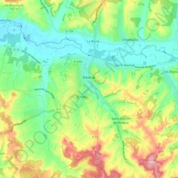 Topografische kaart Ribérac, hoogte, reliëf